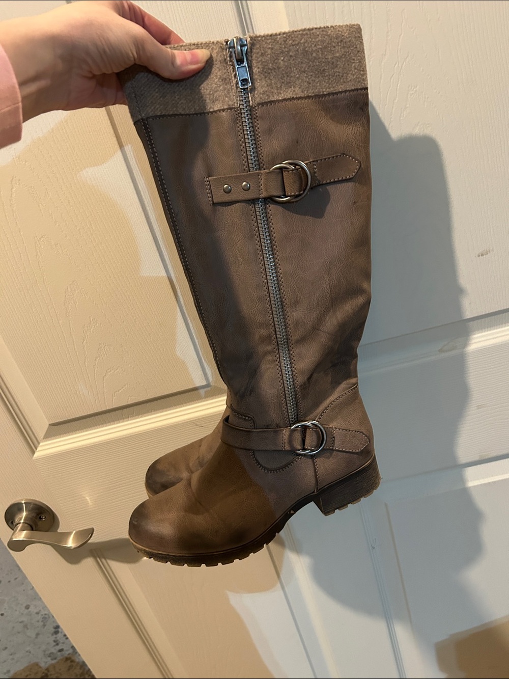 Rampage Riece Knee-High Buckle Boots in Taupe
